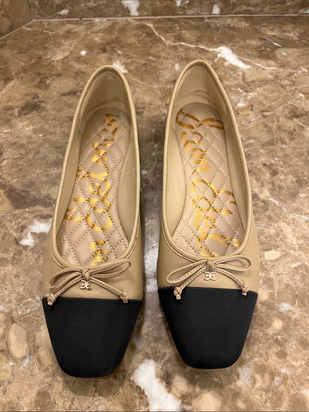 Sam Edelman Two-Tone Beige and Black Bow Ballet Flats